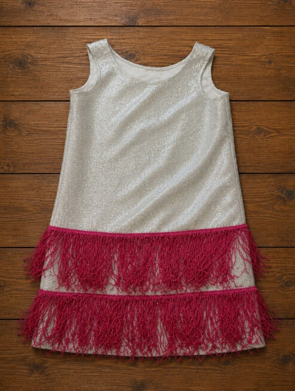 Silver Sparkle Fringe Girls Party Dress | Pink Tassel Hem Sleeveless Dress